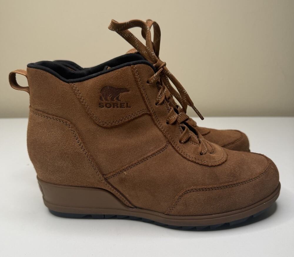 Sorel Evie Sport Ankle Bootie Womens 9.5 Brown Suede Waterproof Lace Up Wedge